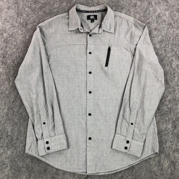 Rock & Republic Mens Shirt Large Gray Button Up Long Sleeve Front Zipper Cotton - Picture 2 of 12
